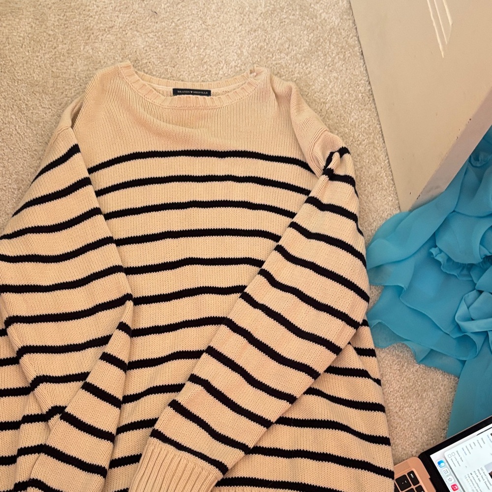 Brandy Melville Cream and Black Striped Crewneck Sweater